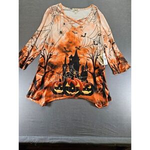 One World Halloween Tunic Top Rust Orange Pumpkin Haunted House L OW20609V